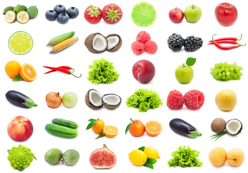 Collection of various fruits and vegetables isolated on white background