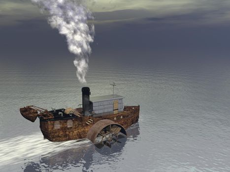 Small steamer boat floating on the water and producing smoke