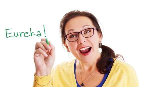 Woman with glasses having a Eureka big and bright idea moment!