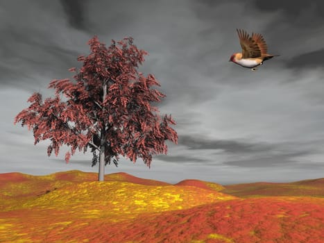 Beautiful brown small bird flying to autumn tree by grey cloudy day