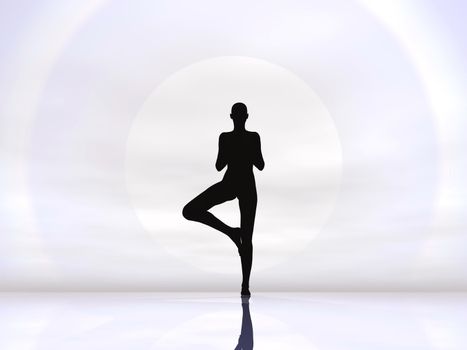 Woman silhouette performing tree pose in front of clear hard white sun