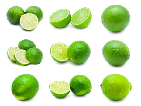 Collection of fresh green limes isolated on white background