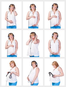 Collage Collection Pregnant Woman listening to music in headphones over white background