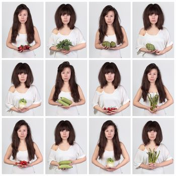 Collage young beautiful woman with the fresh vegetables, the concept of healthy food