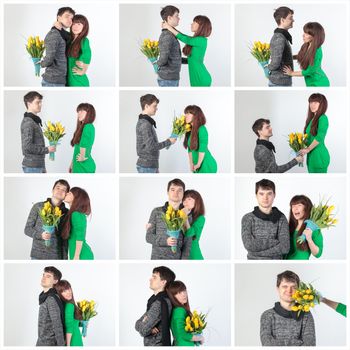Collage happy young couple with bouquet flowers, on gray background