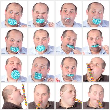 Collage portrait fat man eating a lollipop, on white background