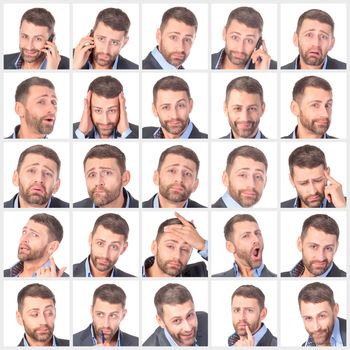 Collage portrait unshaved handsome man with difference emotions, on white background