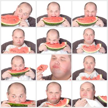 Collage portrait obese man eating a large slice of fresh juicy watermelon isolated on white