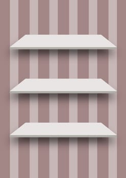 Illustration of three empty shelves on striped wallpaper
