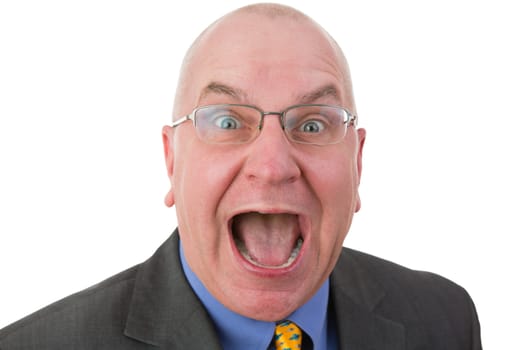 Excited man reacting in amazement showing a wide-eyed expression with his mouth open, head and shoulders portrait on white