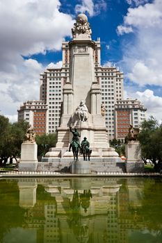 Statue of Spanish writer Miguel Cervantes and his characters Don Quichote with Sancho Panza, Madrid, Spain