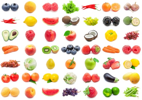 Collection of various fruits and vegetables isolated on white background