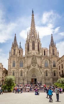 Facade of Barcelona gothic catholic cathedral, at the old town heart, in Catalonia, Spain