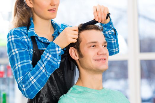 young attractive woman hairdresser hairstyle customer picks