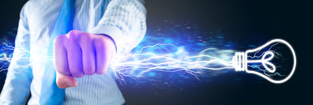 close-up of clasped hand, hand of lightning flashes and lights