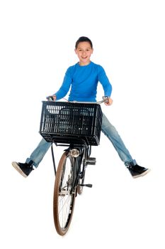 a teenage boy on a bike, on a white background