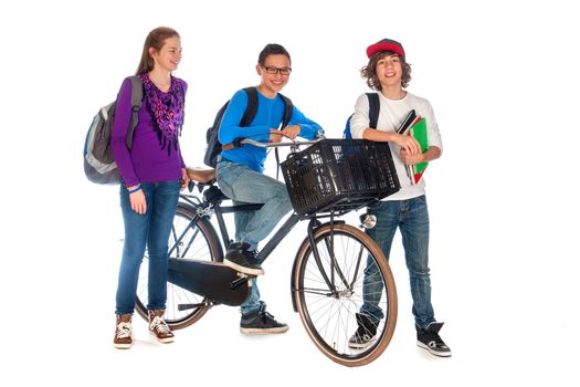 three young students, one with a bike are talking, on a white background