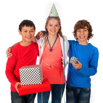 a birthday girl with her friends with presents and balloons on a white background