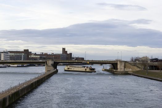 Mooring pleasure boat on the river in Maastricht, the Netherlands