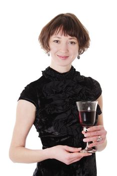 Elegant woman in black dress holding red wine isolated on white