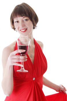 Elegant woman in dress with red glass of wine over white