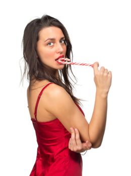 girl lick white-red candy in the form of heart with beautiful make-up   Valentine's day, love.