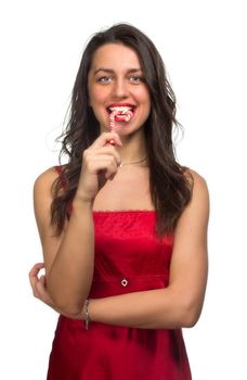 girl lick white-red candy in the form of heart with beautiful make-up   Valentine's day, love.