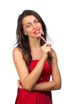 girl lick white-red candy in the form of heart with beautiful make-up   Valentine's day, love.