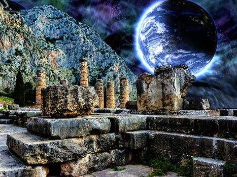 An illustration of the Apollo temple at Delphi with a blue planet in the space