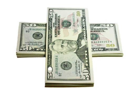 Stacks of paper dollars USA on the white background