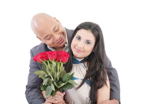 american young couple with bunch of roses