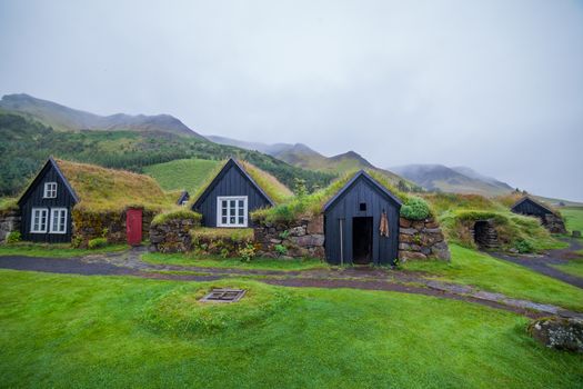 Traditional Icelandic House with grass roof in Skogar Folk Museum, Iceland