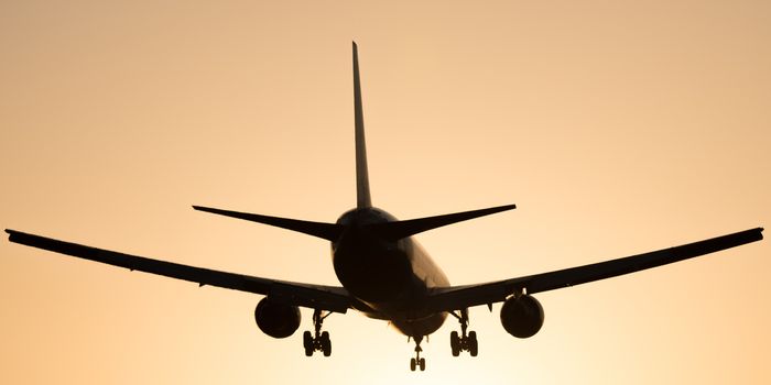 Airplane landing at Los Angeles International Airport during sunset, Los Angeles, California, USA