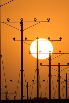 Landing lights during sunset at Los Angeles International Airport, Los Angeles, California, USA