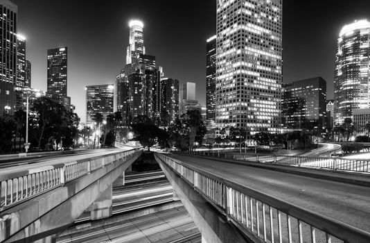 Downtown skylines lit up at night, Los Angeles, California, USA