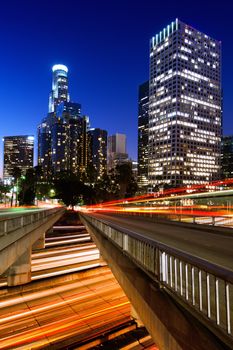 Downtown skylines lit up at night, Los Angeles, California, USA