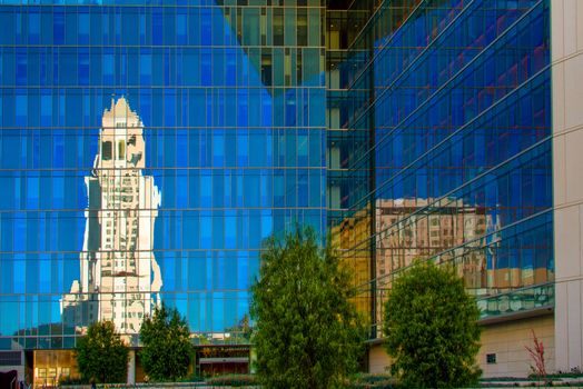 Reflection of the Los Angeles City Hall at Los Angeles Police Dept Headquarters, Los Angeles, California, USA