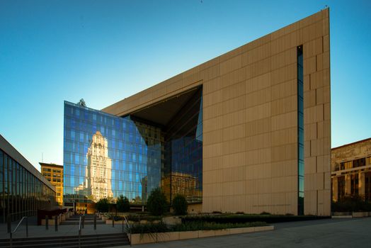 Reflection of the Los Angeles City Hall at Los Angeles Police Dept Headquarters, Los Angeles, California, USA