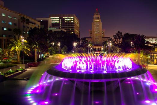 Los Angeles City Hall as seen from the Grand Park at night, Los Angeles, California, USA