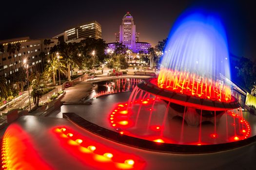 Los Angeles City Hall as seen from the Grand Park at night, Los Angeles, California, USA