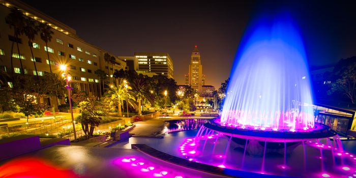 Los Angeles City Hall as seen from the Grand Park at night, Los Angeles, California, USA