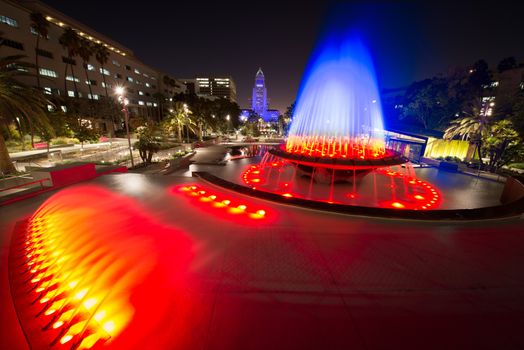 Los Angeles City Hall as seen from the Grand Park at night, Los Angeles, California, USA