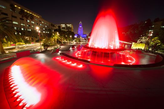 Los Angeles City Hall as seen from the Grand Park at night, Los Angeles, California, USA