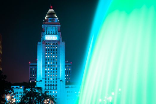 Los Angeles City Hall as seen from the Grand Park at night, Los Angeles, California, USA