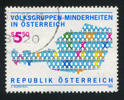 AUSTRIA - CIRCA 1994: stamp printed by Austria, shows stylized map of Austria with people, circa 1994