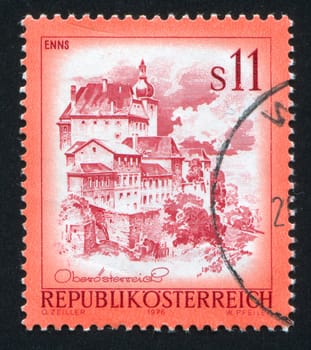 AUSTRIA - CIRCA 1976: stamp printed by Austria, shows Town Enns, buildings, circa 1976