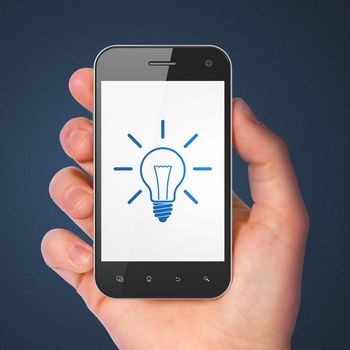 Finance concept: hand holding smartphone with Light Bulb on display. Mobile smart phone on Blue background, 3d render