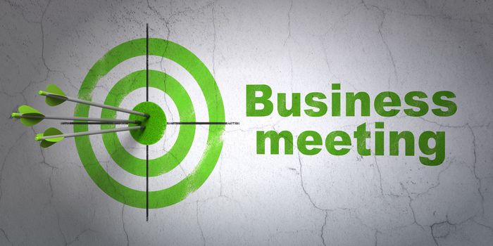 Success finance concept: arrows hitting the center of target, Green Business Meeting on wall background, 3d render