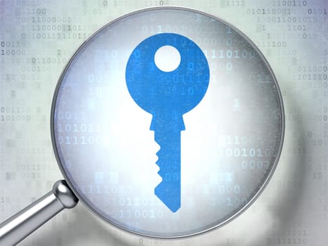 Privacy concept: magnifying optical glass with Key icon on digital background, 3d render