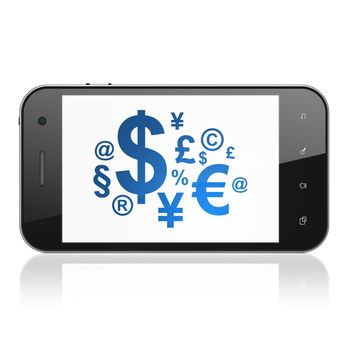 News concept: smartphone with Finance Symbol icon on display. Mobile smart phone on White background, cell phone 3d render